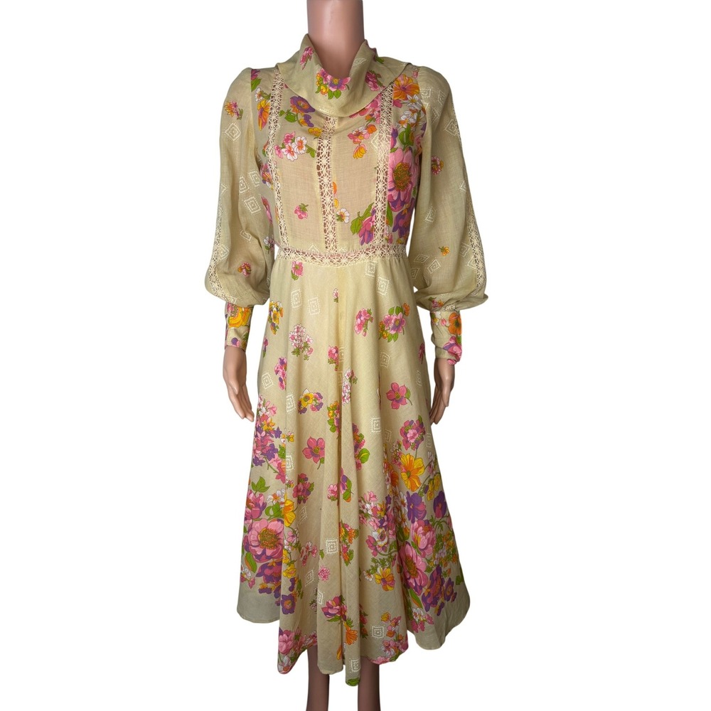 Vintage Italian Linen Floral Midi Dress Handmade Crochet Lace Cottagecore XS S